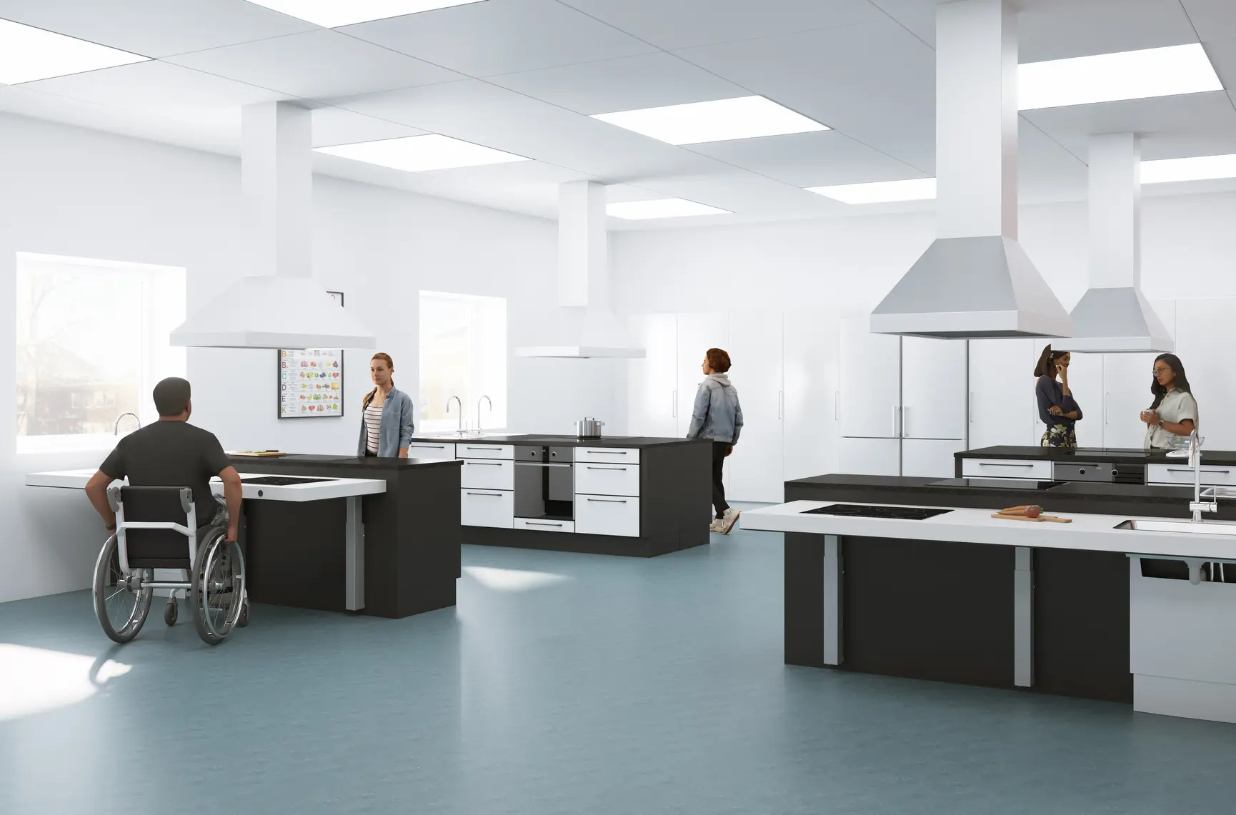 Science lab with an accessible table for a person in a wheelchair.